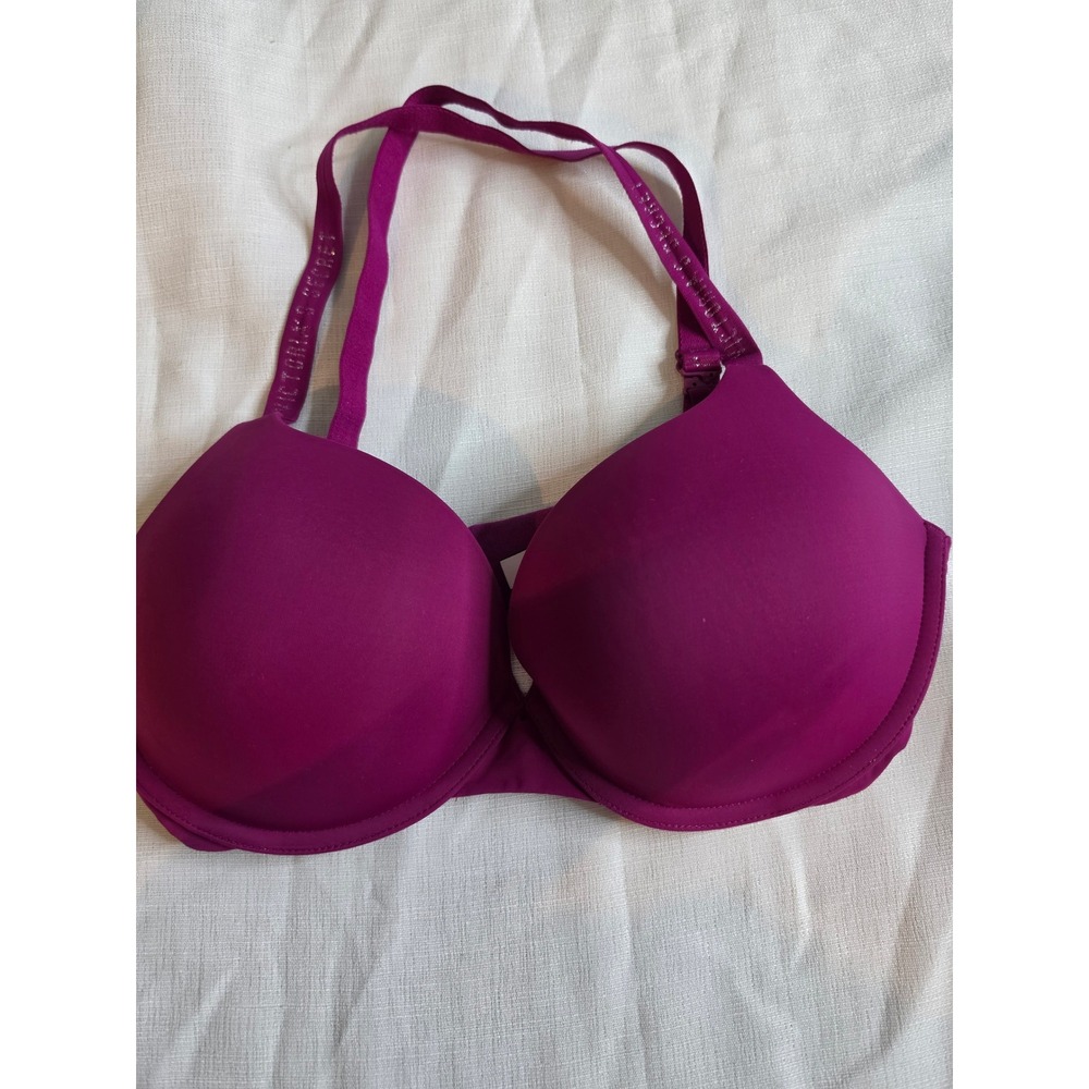 Victorias Secret T-Shirt Push-Up Bra 36D Plum Purple Rhinestone Logo Straps